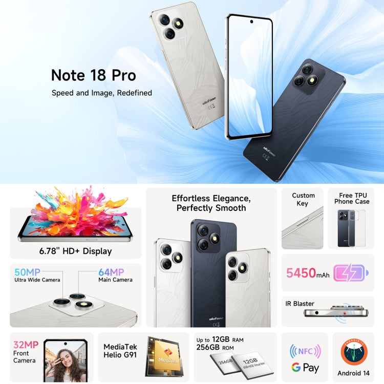 Ulefone Note 18 Pro, 6GB+256GB, Face ID & Side Fingerprint, 6.78 inch Android 14 MediaTek Helio G91 MTK6769 Octa Core, Network: 4G, Dual SIM, OTG, NFC (Lustrous Black) - Ulefone by Ulefone | Online Shopping South Africa | PMC Jewellery | Buy Now Pay Later Mobicred