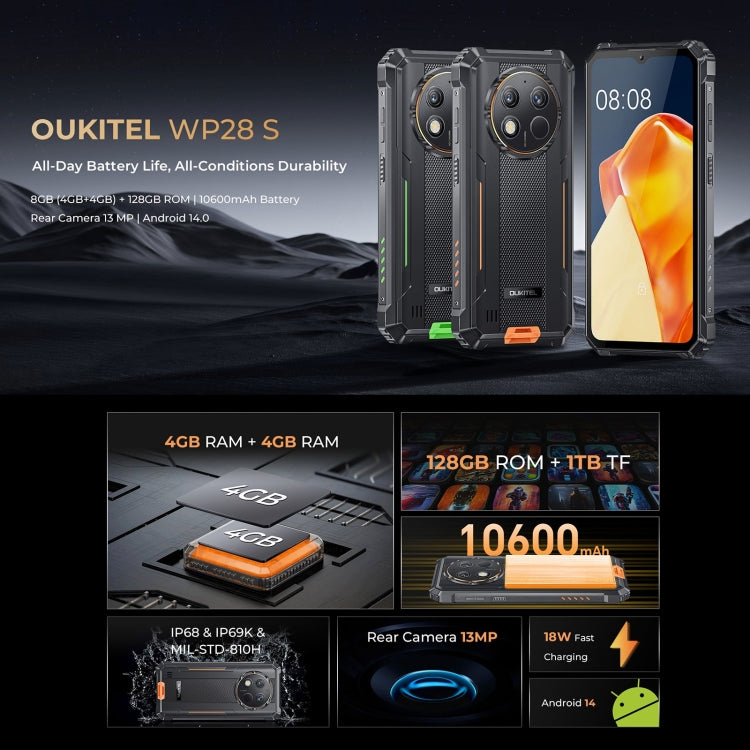 [HK Warehouse] Oukitel WP28 S IP68/IP69K Rugged Phone, 4GB+128GB, Fingerprint, 6.52 inch Unisoc T606 Octa-core, NFC, OTG, Network: 4G (Grey) - Other by OUKITEL | Online Shopping South Africa | PMC Jewellery | Buy Now Pay Later Mobicred