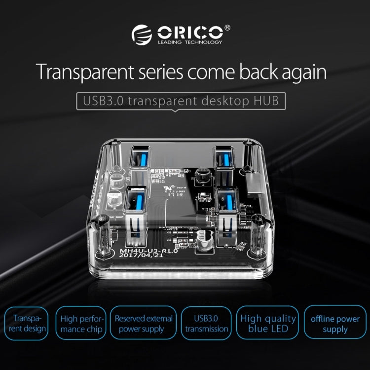 ORICO MH4U-100 USB 3.0 Transparent Desktop HUB with 100cm Micro USB Cable - USB 3.0 HUB by ORICO | Online Shopping South Africa | PMC Jewellery | Buy Now Pay Later Mobicred