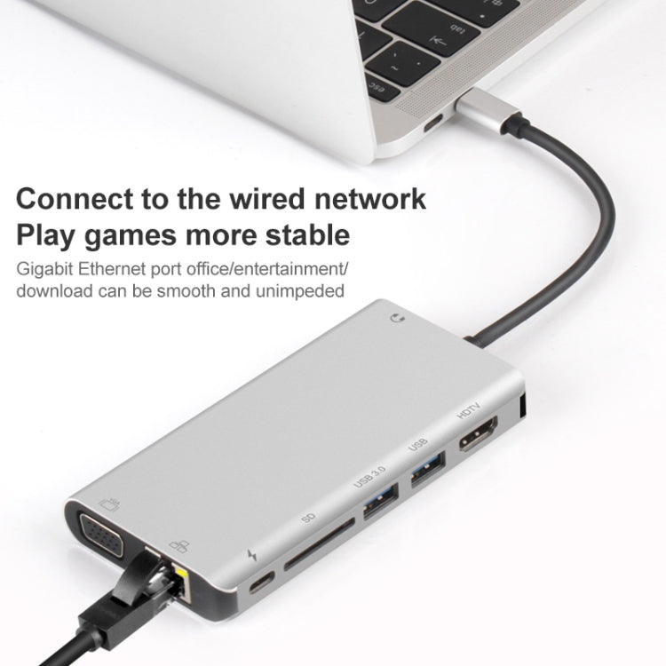 Onten 9591BD 8 in 1 USB-C / Type-C to PD USB-C / Type-C Charging + 100M Ethernet Port + Dual USB 3.0 + HDMI + VGA + SD Card Slot + 3.5mm AUX HUB (Silver) - USB HUB by Onten | Online Shopping South Africa | PMC Jewellery | Buy Now Pay Later Mobicred