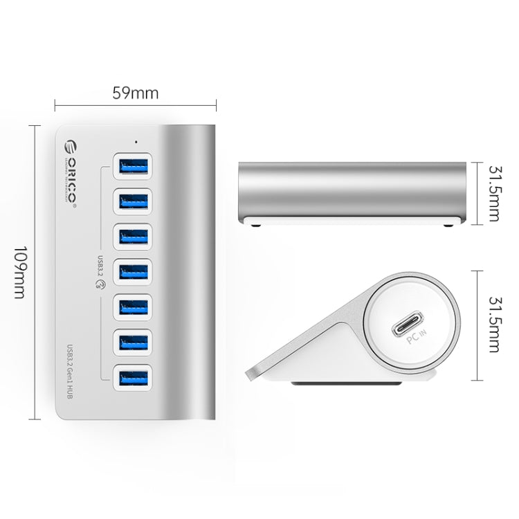 ORICO M3U7 Aluminum Alloy 7-Port USB 3.2 Gen1 5Gbps HUB with 0.5m Cable(Silver) - USB 3.0 HUB by ORICO | Online Shopping South Africa | PMC Jewellery | Buy Now Pay Later Mobicred