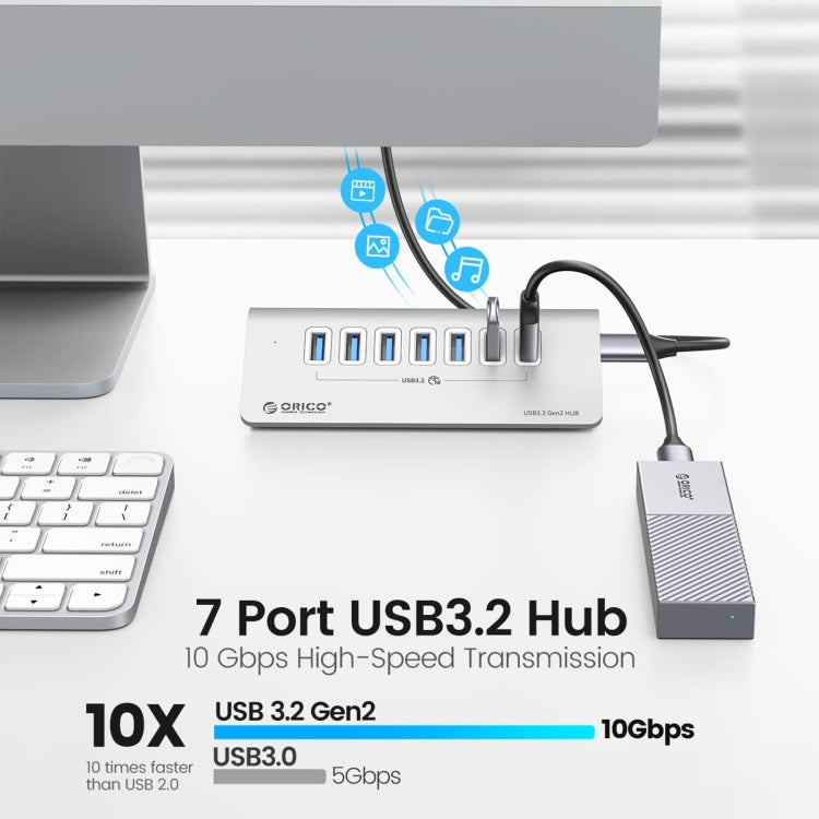 ORICO M3U7-G2 Aluminum Alloy 7-Port USB 3.2 Gen2 10Gbps HUB with 0.5m Cable (Silver) - USB 3.0 HUB by ORICO | Online Shopping South Africa | PMC Jewellery | Buy Now Pay Later Mobicred