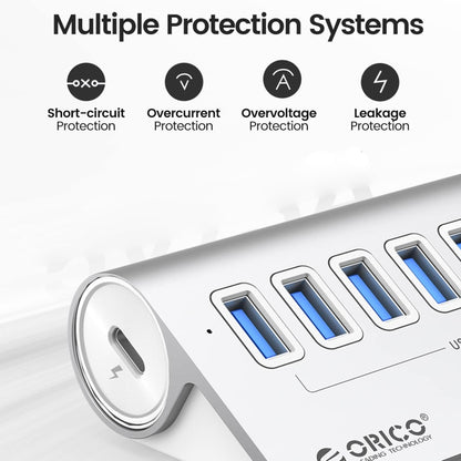 ORICO M3U7-G2 Aluminum Alloy 7-Port USB 3.2 Gen2 10Gbps HUB with 0.5m Cable (Silver) - USB 3.0 HUB by ORICO | Online Shopping South Africa | PMC Jewellery | Buy Now Pay Later Mobicred