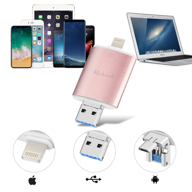 Richwell 3 in 1 128G Type-C + 8 Pin + USB 3.0 Metal Double Cover Push-pull Flash Disk with OTG Function(Black) - free shipping - PMC Jewellery - Order now!