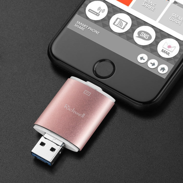 Richwell 3 in 1 128G Type-C + 8 Pin + USB 3.0 Metal Double Cover Push-pull Flash Disk with OTG Function(Gold) - free shipping - PMC Jewellery - Order now!