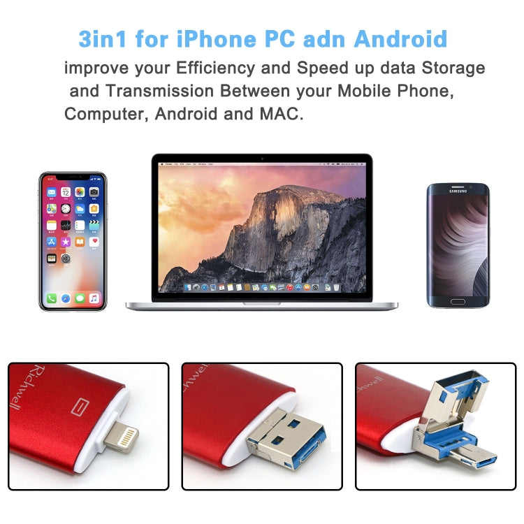 Richwell 3 in 1 64G Type-C + 8 Pin + USB 3.0 Metal Double Cover Push-pull Flash Disk with OTG Function(Black) - free shipping - PMC Jewellery - Order now!