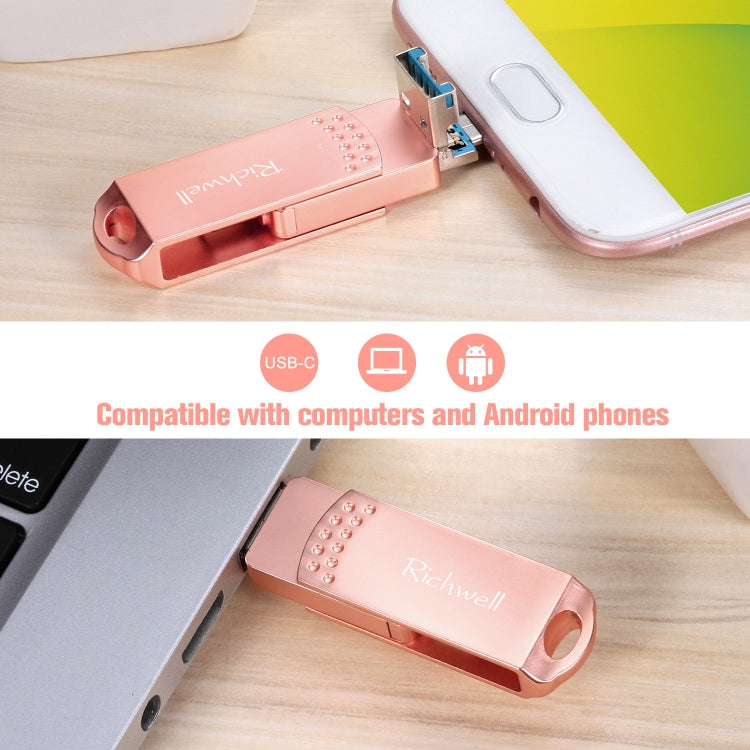 Richwell 3 in 1 128G Type-C + Micro USB + USB 3.0 Metal Flash Disk with OTG Function(Rose Gold) - free shipping - PMC Jewellery - Order now!