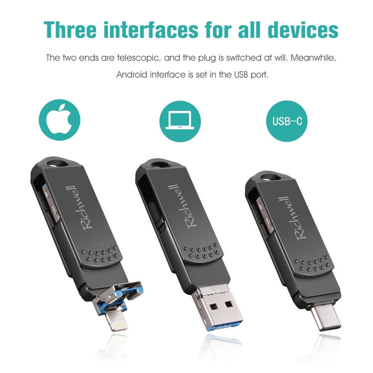 Richwell 32G Type-C + 8 Pin + USB 3.0 Metal Flash Disk with OTG Function(Silver) - free shipping - PMC Jewellery - Order now!