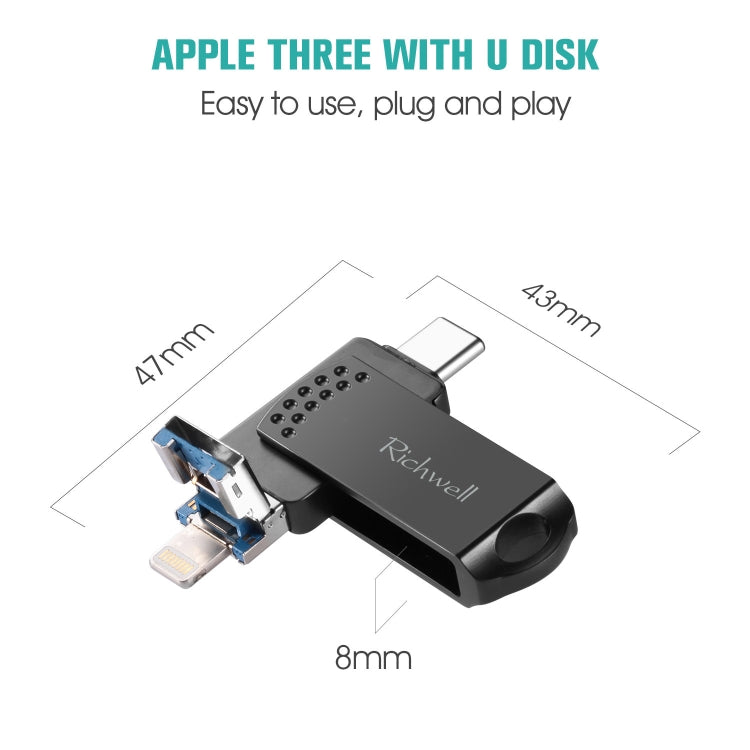 Richwell 32G Type-C + 8 Pin + USB 3.0 Metal Flash Disk with OTG Function(Silver) - free shipping - PMC Jewellery - Order now!