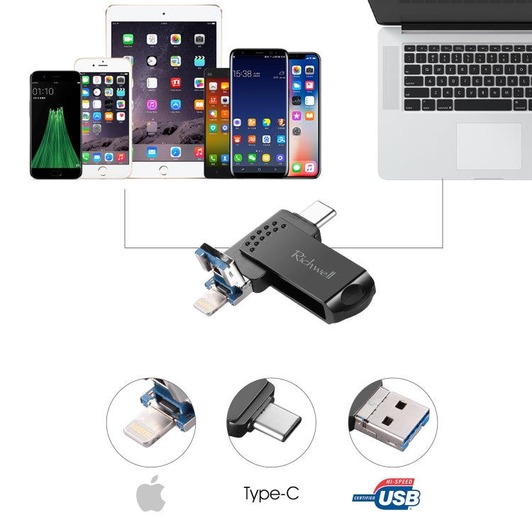 Richwell 128G Type-C + 8 Pin + USB 3.0 Metal Flash Disk with OTG Function(Rose Gold) - free shipping - PMC Jewellery - Order now!