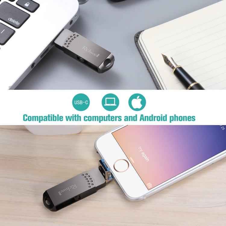 Richwell 128G Type-C + 8 Pin + USB 3.0 Metal Flash Disk with OTG Function(Rose Gold) - free shipping - PMC Jewellery - Order now!