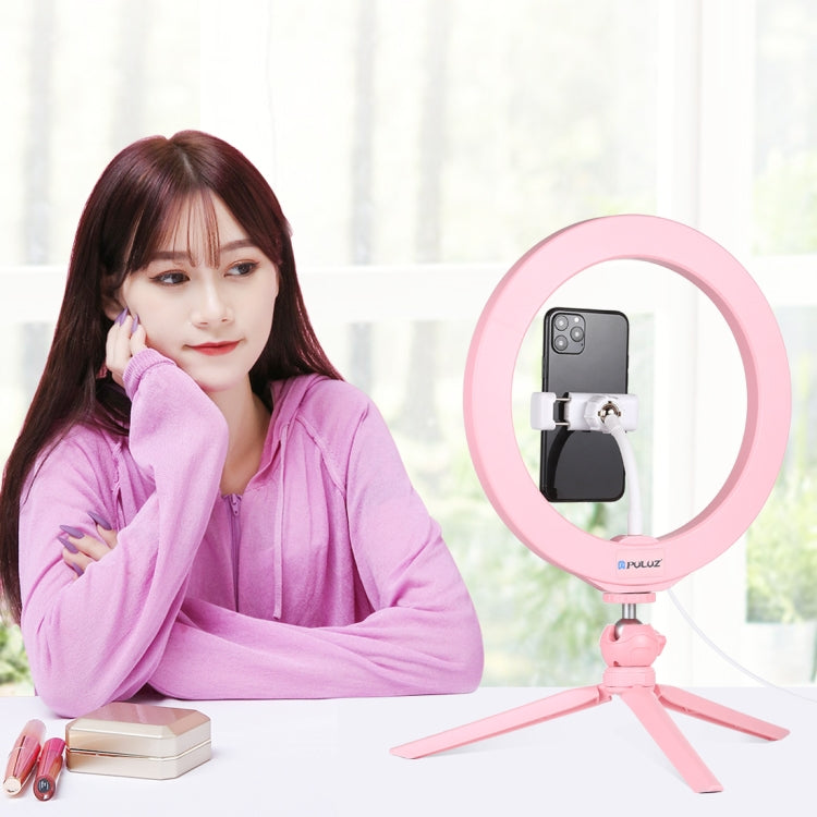 PULUZ 10.2 inch 26cm Selfie Beauty Light + Desktop Tripod Mount USB 3 Modes Dimmable LED Ring Vlogging Selfie Photography Video Lights with Cold Shoe Tripod Ball Head & Phone Clamp(Pink) - Ring Light by PULUZ | Online Shopping South Africa | PMC Jewellery | Buy Now Pay Later Mobicred