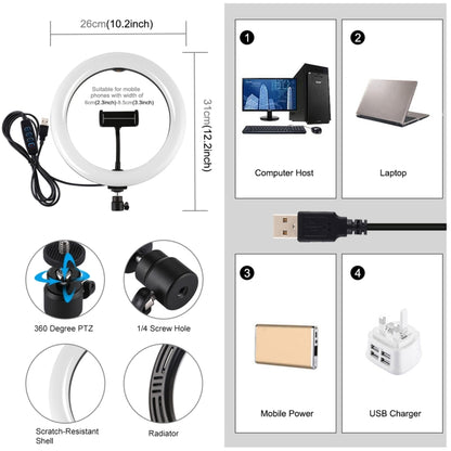 PULUZ 10.2 inch 26cm USB 3 Modes Dimmable Dual Color Temperature LED Curved Diffuse Light Ring Vlogging Selfie Photography Video Lights with Phone Clamp(Black) - Ring Light by PULUZ | Online Shopping South Africa | PMC Jewellery | Buy Now Pay Later Mobicred