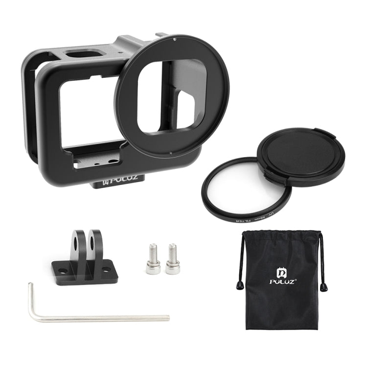 PULUZ for GoPro HERO12 Black /11 Black /10 Black /9 Black Thin Housing Shell CNC Aluminum Alloy Protective Cage with Insurance Frame & 52mm UV Lens(Black) - Metal Cases by PULUZ | Online Shopping South Africa | PMC Jewellery | Buy Now Pay Later Mobicred