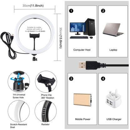 PULUZ 11.8 inch 30cm Curved Surface USB 10 Modes 8 Colors RGBW Dimmable LED Ring Vlogging Photography Video Lights with Tripod Ball Head & Phone Clamp(Black) - Ring Light by PULUZ | Online Shopping South Africa | PMC Jewellery | Buy Now Pay Later Mobicred