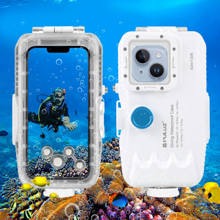 PULUZ 40m/130ft Waterproof Diving Case for iPhone 16 / 15 / 15 Pro / 14 / 14 Pro / 13 / 13 Pro / 12 / 12 Pro, with One-way Valve Photo Video Taking Underwater Housing Cover(White) - iPhone 14 Cases by PULUZ | Online Shopping South Africa | PMC Jewellery | Buy Now Pay Later Mobicred