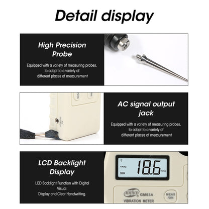 BENETECH GM63A Vibration Meter Digital Tester Vibrometer Analyzer Acceleration Velocity(White) - Other Tester Tool by BENETECH | Online Shopping South Africa | PMC Jewellery | Buy Now Pay Later Mobicred