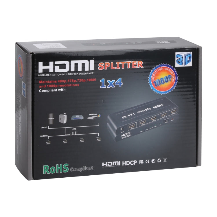 1080P 1x4 HDMI Splitter, 1.4 Version, EU Plug(Black) - Splitter by PMC Jewellery | Online Shopping South Africa | PMC Jewellery | Buy Now Pay Later Mobicred