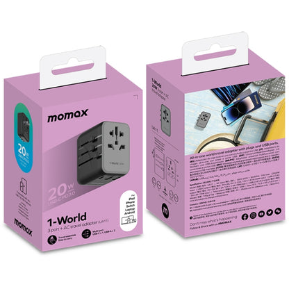 MOMAX UA11 1-World 20W PD Global Travel Fast Charger Power Adapter(Black) - Plug Adaptor by MOMAX | Online Shopping South Africa | PMC Jewellery | Buy Now Pay Later Mobicred