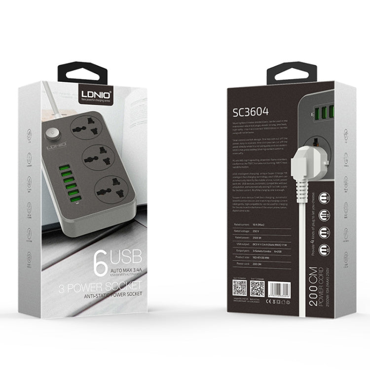 LDNIO SC3604 6 x USB Ports Multi-function Travel Home Office Socket, Cable Length: 2m, Big UK Plug - Extension Socket by LDNIO | Online Shopping South Africa | PMC Jewellery | Buy Now Pay Later Mobicred