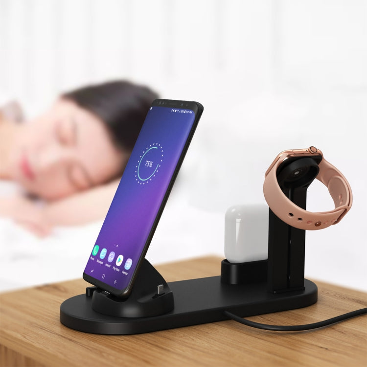 HQ-UD15 5 in 1 Micro USB + USB-C / Type-C + 8 Pin Interface Phone Charging Base with 8 Pin Earphone Charging Interface & Watch Stand, Without Wireless Charger (Black) - Multifunction Charger by PMC Jewellery | Online Shopping South Africa | PMC Jewellery | Buy Now Pay Later Mobicred