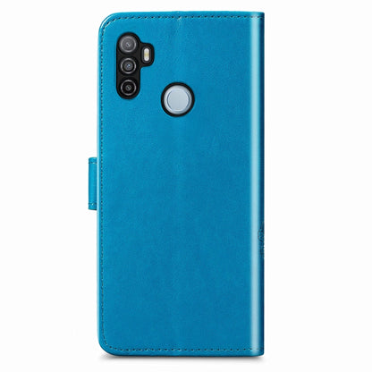 For Oppo A53 2020 Four-leaf Clasp Embossed Buckle Mobile Phone Protection Leather Case with Lanyard & Card Slot & Wallet & Bracket Function(Blue) - OPPO Cases by PMC Jewellery | Online Shopping South Africa | PMC Jewellery | Buy Now Pay Later Mobicred