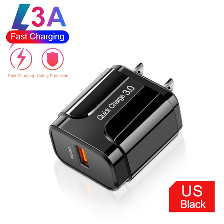 LZ-023 18W QC 3.0 USB Portable Travel Charger + 3A USB to 8 Pin Data Cable, US Plug(Black) - USB Charger by PMC Jewellery | Online Shopping South Africa | PMC Jewellery | Buy Now Pay Later Mobicred