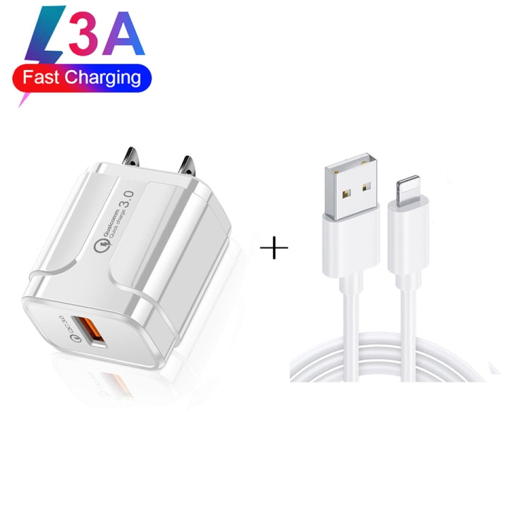 LZ-023 18W QC 3.0 USB Portable Travel Charger + 3A USB to 8 Pin Data Cable, US Plug(Black) - USB Charger by PMC Jewellery | Online Shopping South Africa | PMC Jewellery | Buy Now Pay Later Mobicred