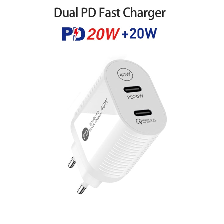 40W Dual Port PD / Type-C Fast Charger with Type-C to 8 Pin Data Cable, EU Plug(White) - USB Charger by PMC Jewellery | Online Shopping South Africa | PMC Jewellery | Buy Now Pay Later Mobicred