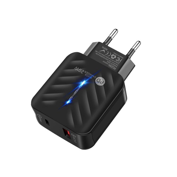 PD03 20W Type-C + QC3.0 USB Charger with Indicator Light, EU Plug(Black) - USB Charger by PMC Jewellery | Online Shopping South Africa | PMC Jewellery | Buy Now Pay Later Mobicred