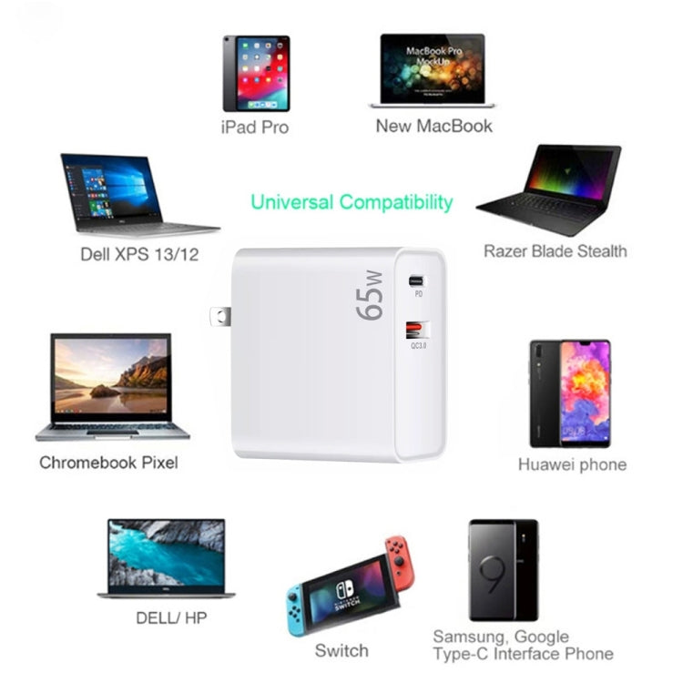 PD-65W USB-C / Type-C + QC3. 0 USB Laptop Charging Adapter, AU Plug / US Plug(White) - Cable & Adapter by PMC Jewellery | Online Shopping South Africa | PMC Jewellery | Buy Now Pay Later Mobicred