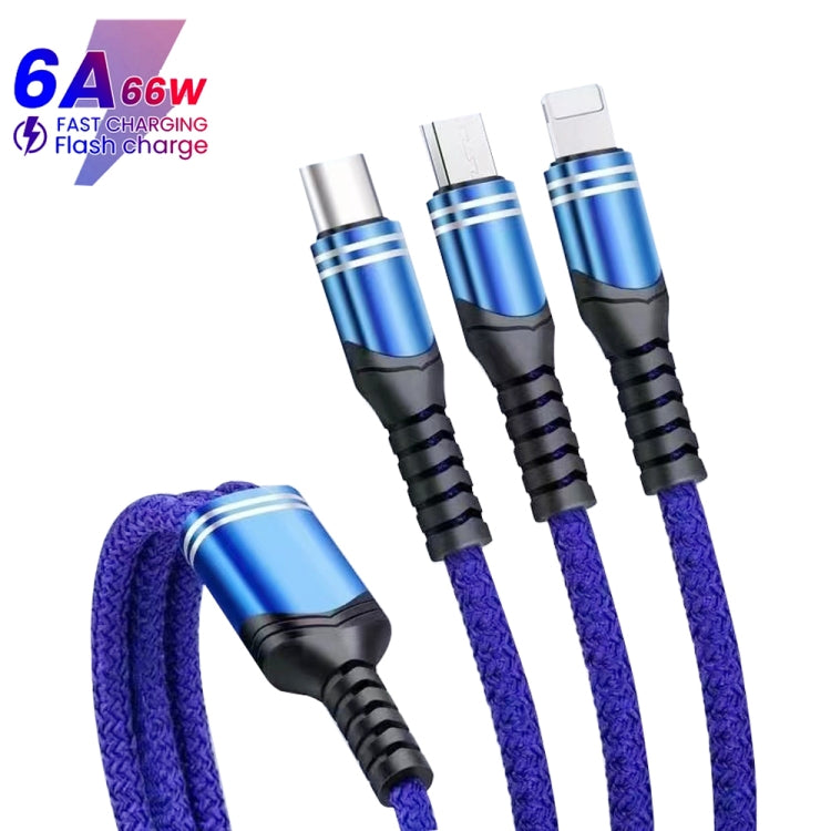 XJ-78 66W 6A 3 in 1 USB to 8 Pin + Type-C + Micro USB Super Flash Charging Cable, Length: 1.2m(Blue) - Multifunction Cable by PMC Jewellery | Online Shopping South Africa | PMC Jewellery | Buy Now Pay Later Mobicred