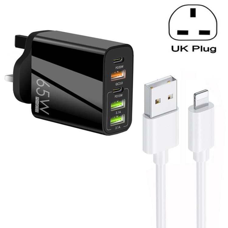 65W Dual PD Type-C + 3 x USB Multi Port Charger with 3A USB to 8 Pin Data Cable, UK Plug(Black) - USB Charger by PMC Jewellery | Online Shopping South Africa | PMC Jewellery | Buy Now Pay Later Mobicred