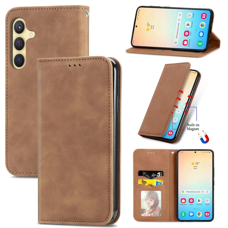 For Samsung Galaxy S25 5G Retro Skin Feel Magnetic Leather Phone Case(Brown) - Galaxy S25 5G Cases by PMC Jewellery | Online Shopping South Africa | PMC Jewellery | Buy Now Pay Later Mobicred