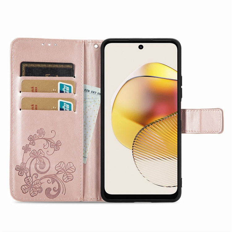 For Motorola Moto G73 Four-leaf Clasp Embossed Buckle Leather Phone Case(Rose Gold) - free shipping - PMC TechLife - Order now!