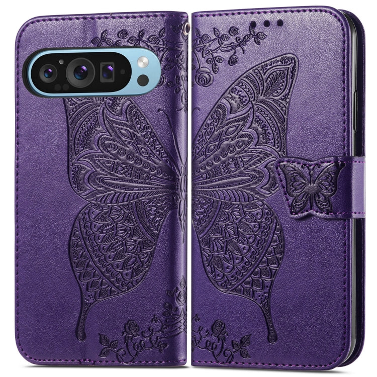 For Google Pixel 9 Butterfly Love Flower Embossed Leather Phone Case(Dark Purple) - Google Cases by PMC Jewellery | Online Shopping South Africa | PMC Jewellery | Buy Now Pay Later Mobicred