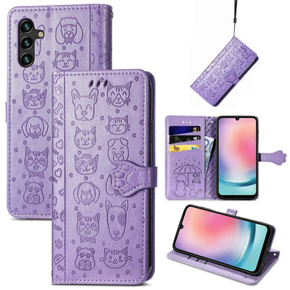 For Samsung Galaxy A24 4G Cute Cat and Dog Embossed Flip Leather Phone Case(Purple) - Galaxy Phone Cases by PMC Jewellery | Online Shopping South Africa | PMC Jewellery