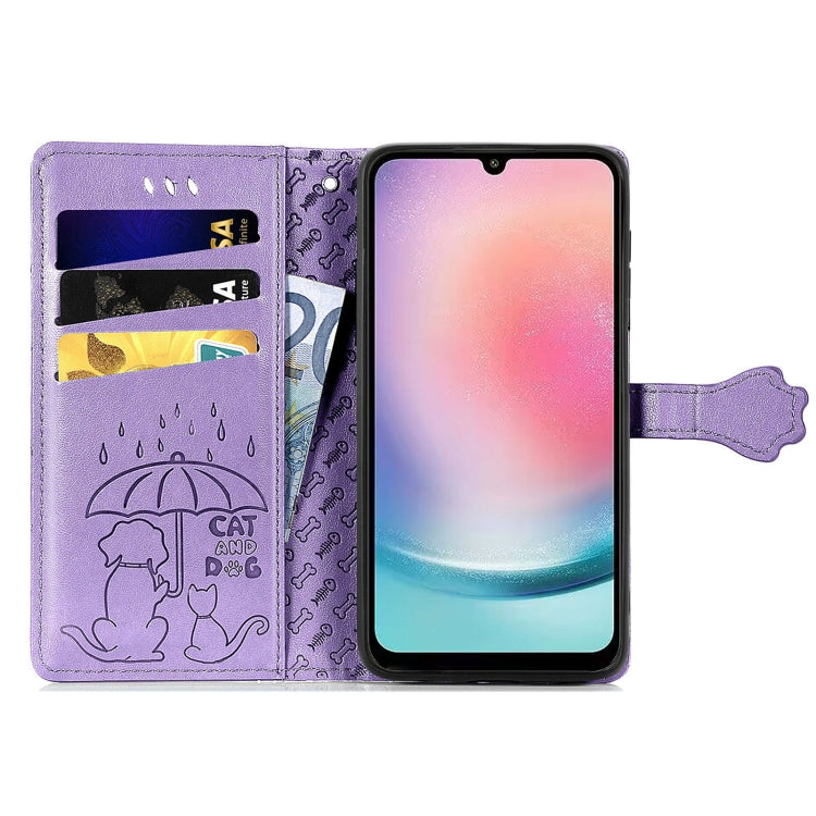 For Samsung Galaxy A24 4G Cute Cat and Dog Embossed Flip Leather Phone Case(Purple) - Galaxy Phone Cases by PMC Jewellery | Online Shopping South Africa | PMC Jewellery