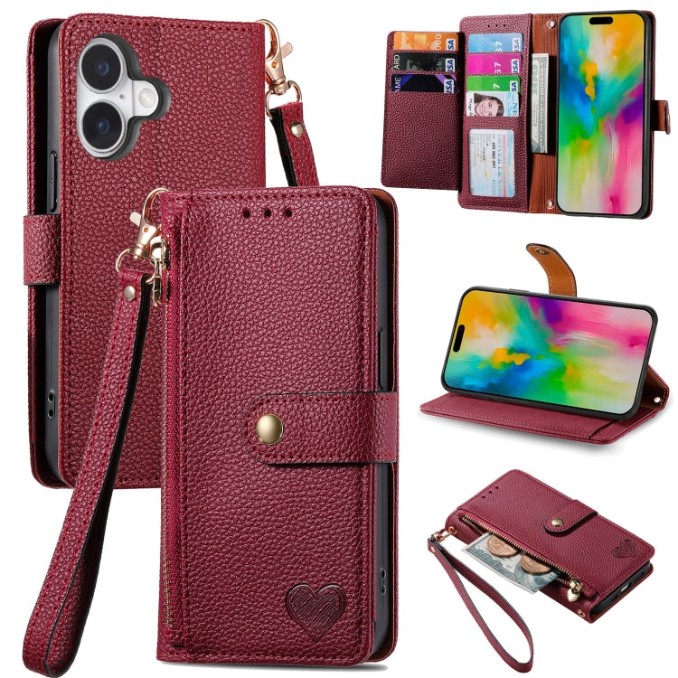 For iPhone 16 Plus Love Zipper Lanyard Leather Phone Case(Red) - free shipping - PMC Jewellery - Order now!