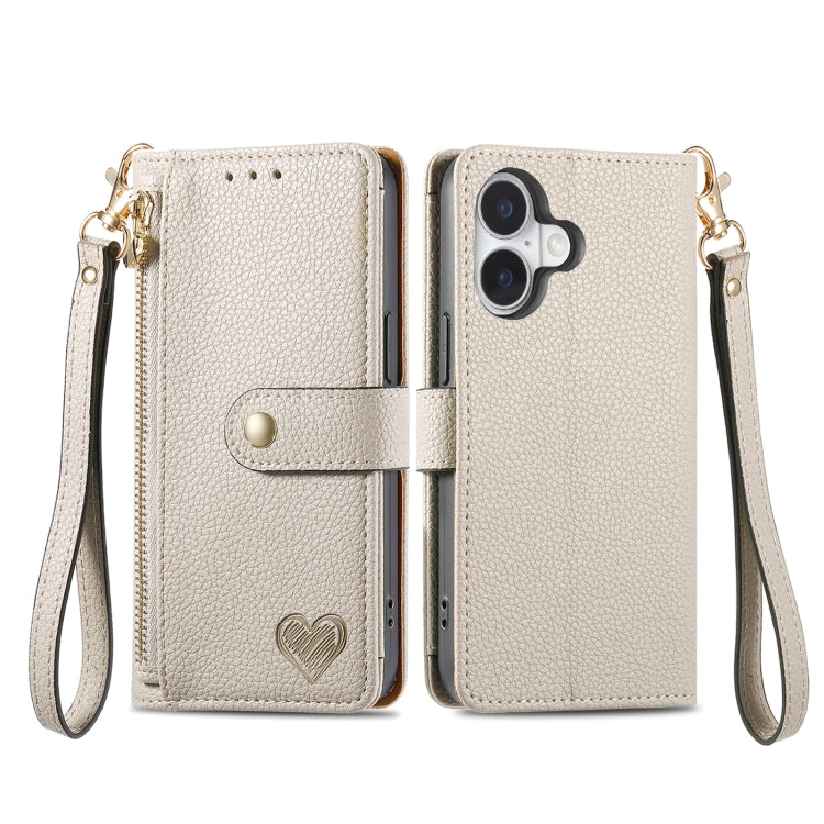 For iPhone 16 Plus Love Zipper Lanyard Leather Phone Case(Gray) - iPhone 16 Plus Cases by PMC Jewellery | Online Shopping South Africa | PMC Jewellery | Buy Now Pay Later Mobicred