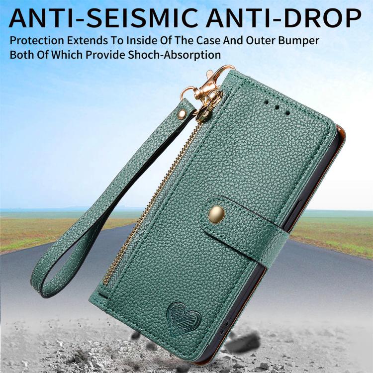 For iPhone 16e Love Zipper Lanyard Leather Phone Case(Green) - iPhone 16e Cases by PMC TechLife | Online Shopping South Africa | PMC TechLife | Buy Now Pay Later Mobicred