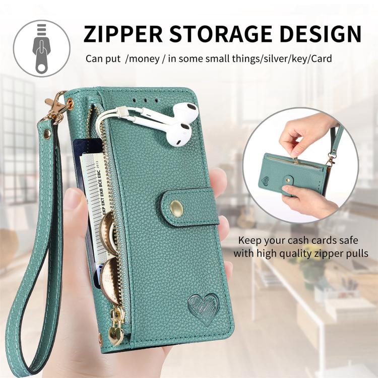 For iPhone 16e Love Zipper Lanyard Leather Phone Case(Green) - iPhone 16e Cases by PMC TechLife | Online Shopping South Africa | PMC TechLife | Buy Now Pay Later Mobicred
