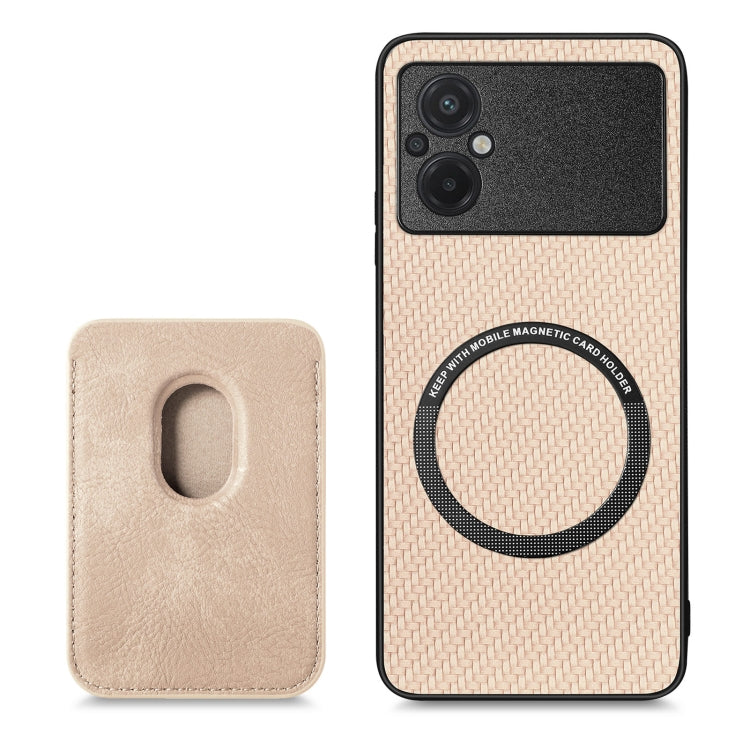 For Xiaomi POCO M5 4G Carbon Fiber Leather Card Magsafe Phone Case(Khaki) - Xiaomi Cases by PMC TechLife | Online Shopping South Africa | PMC TechLife