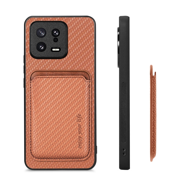 For Xiaomi 13 Carbon Fiber Leather Card Magsafe Phone Case(Brown) - 13 Cases by PMC TechLife | Online Shopping South Africa | PMC TechLife