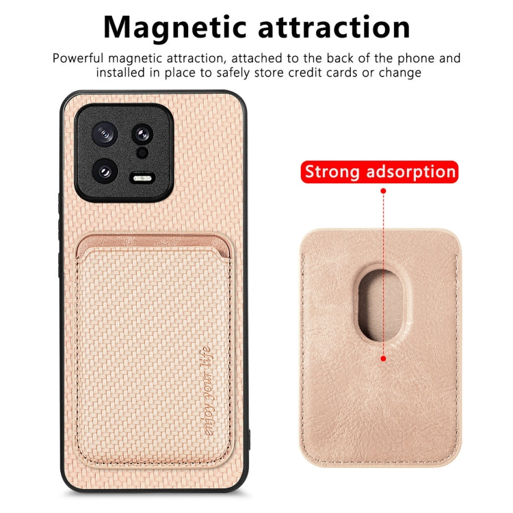 For Xiaomi 13 Carbon Fiber Leather Card Magsafe Phone Case(Khaki) - 13 Cases by PMC TechLife | Online Shopping South Africa | PMC TechLife