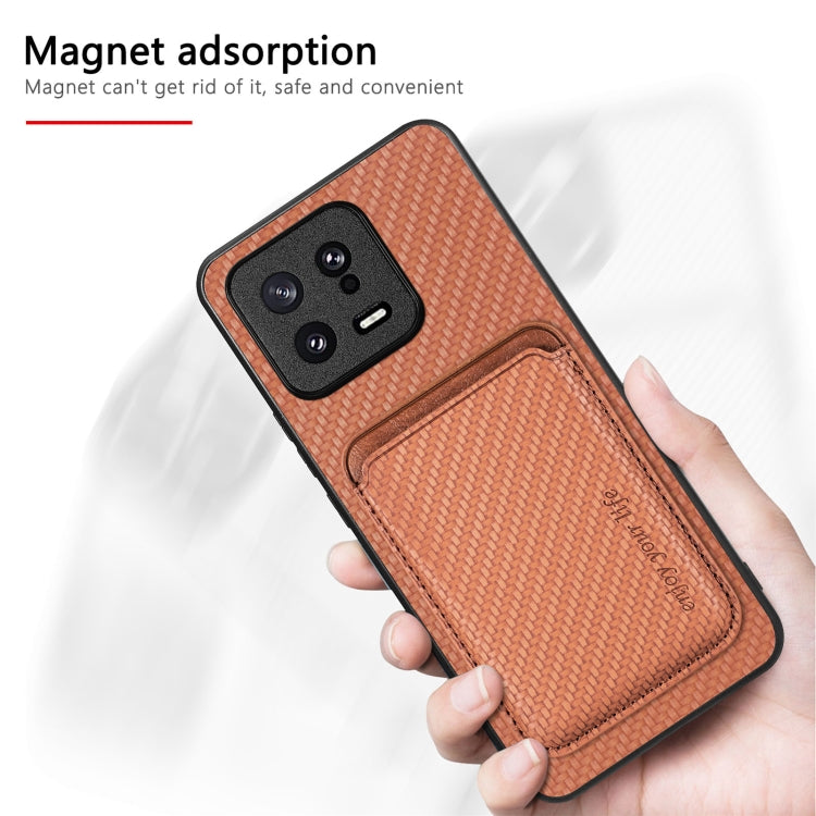 For Xiaomi 13 Carbon Fiber Leather Card Magsafe Phone Case(Khaki) - 13 Cases by PMC TechLife | Online Shopping South Africa | PMC TechLife