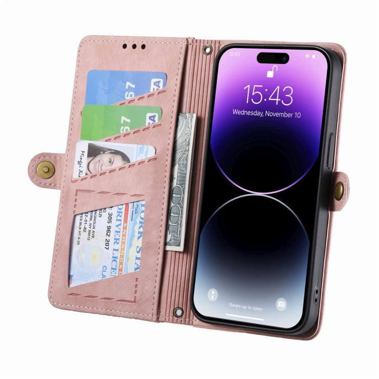 For iPhone 14 Plus Geometric Zipper Wallet Side Buckle Leather Phone Case(Pink) - free shipping - PMC TechLife - Order now!
