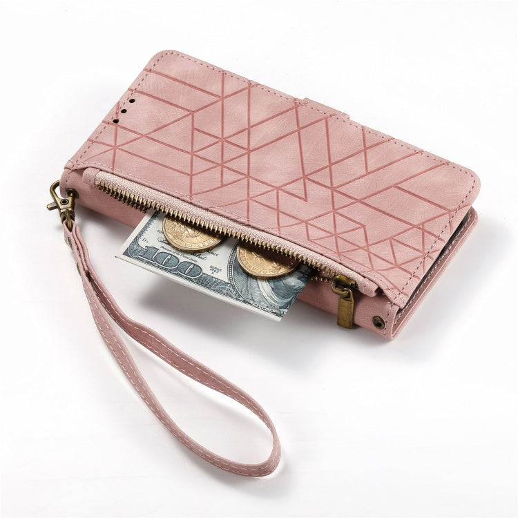For iPhone 13 Pro Geometric Zipper Wallet Side Buckle Leather Phone Case(Pink) - free shipping - PMC TechLife - Order now!