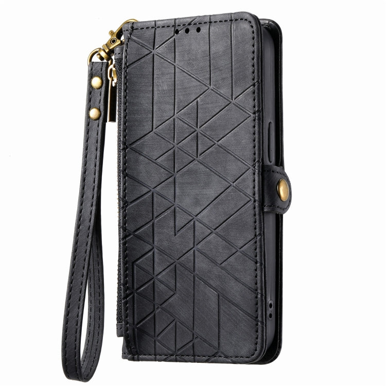 For iPhone 12 / 12 Pro Geometric Zipper Wallet Side Buckle Leather Phone Case(Black) - free shipping - PMC TechLife - Order now!