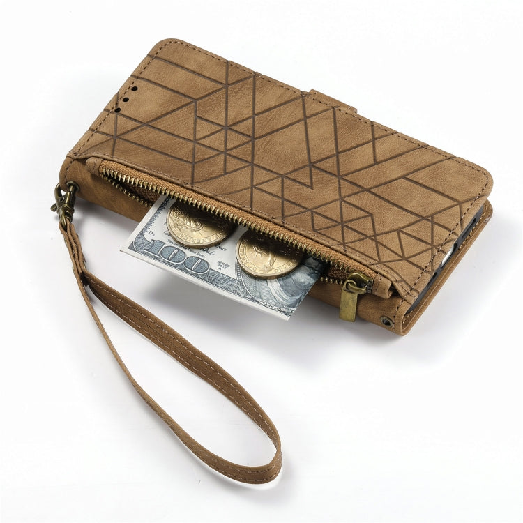 For iPhone 12 Pro Max Geometric Zipper Wallet Side Buckle Leather Phone Case(Brown) - free shipping - PMC TechLife - Order now!